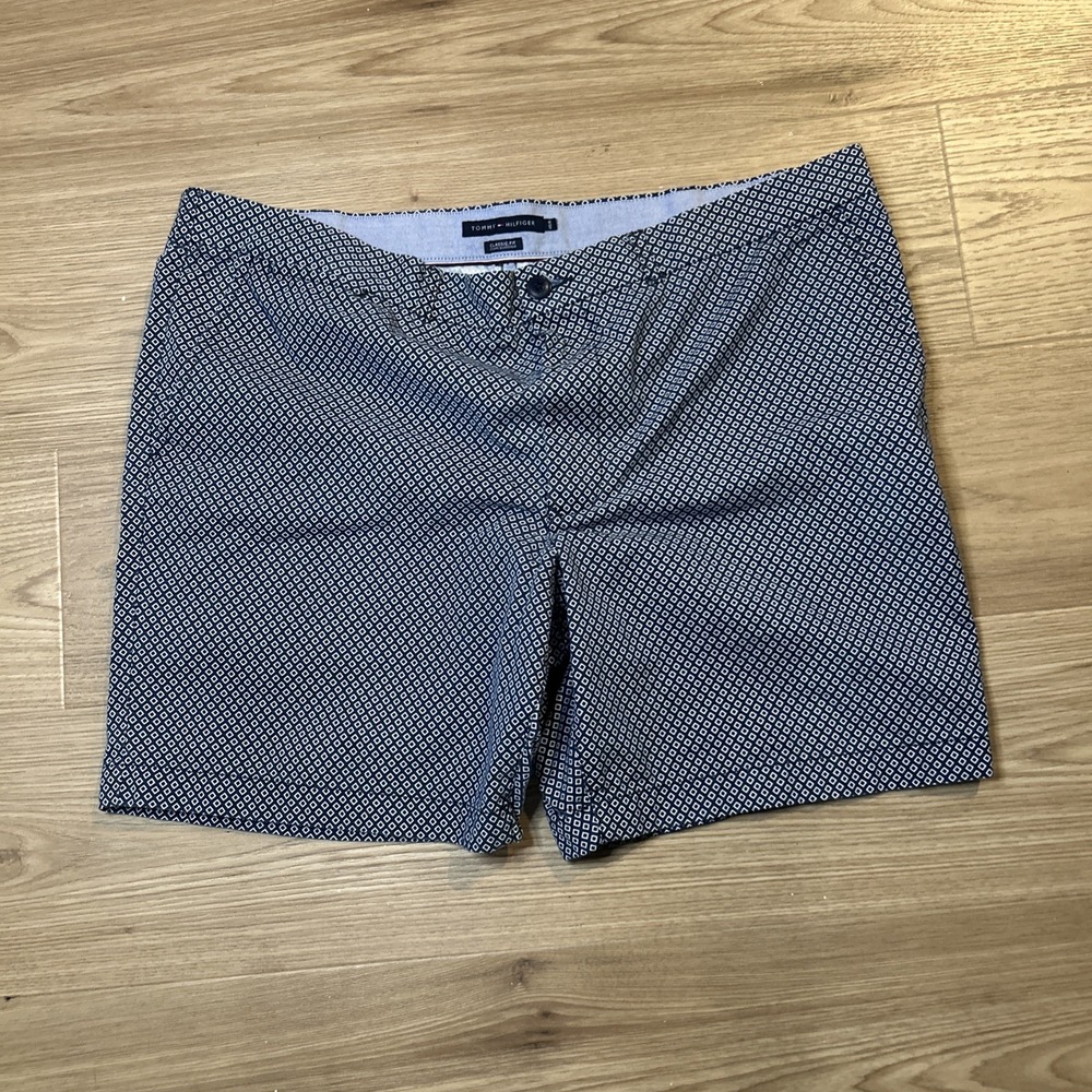 Tommy Hilfiger Men Blue White Geometric Chino Shorts Cotton Flat Front Zip 039
